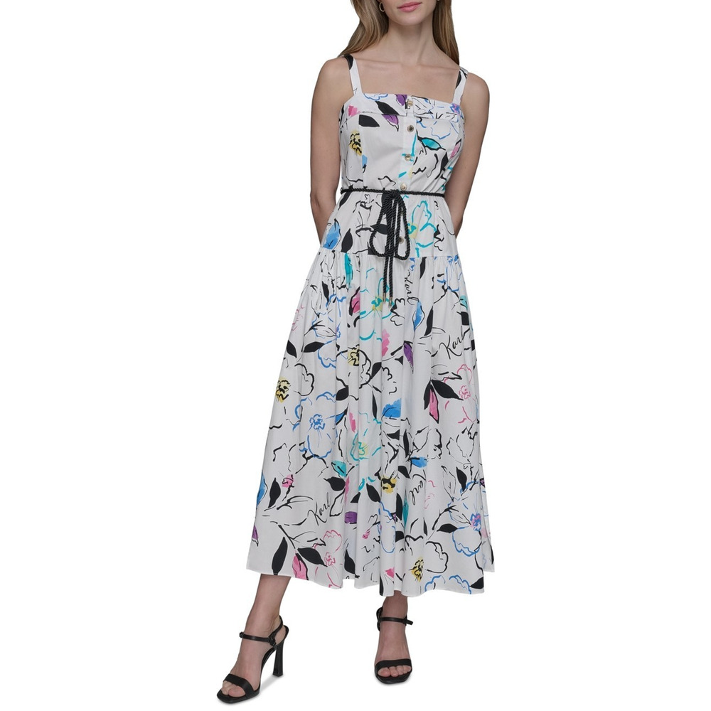 KARL LAGERFELD PARIS Women's Printed Square-Neck Midi Dress White Size 18 1831